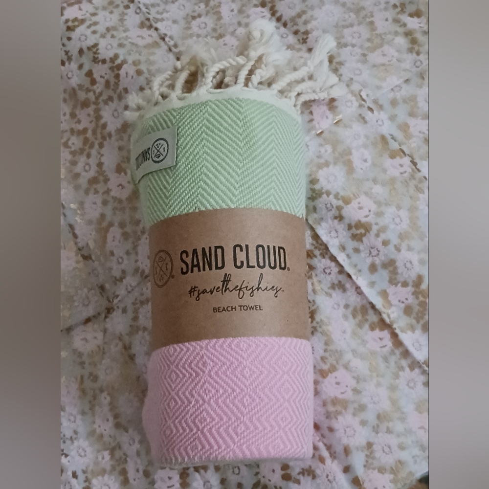 Organic Cotton Sand Cloud Beach Towel Thin Lightweight Salvia Stripe Herringbone